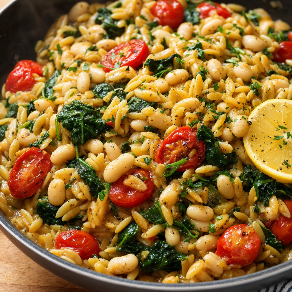 White Bean Spinach Orzo Skillet