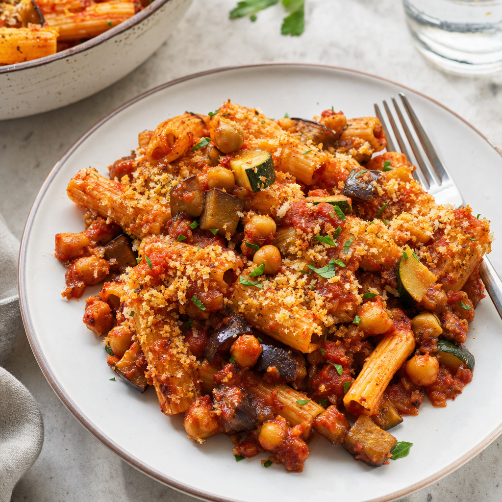 Eggplant Chickpea Pasta Bake