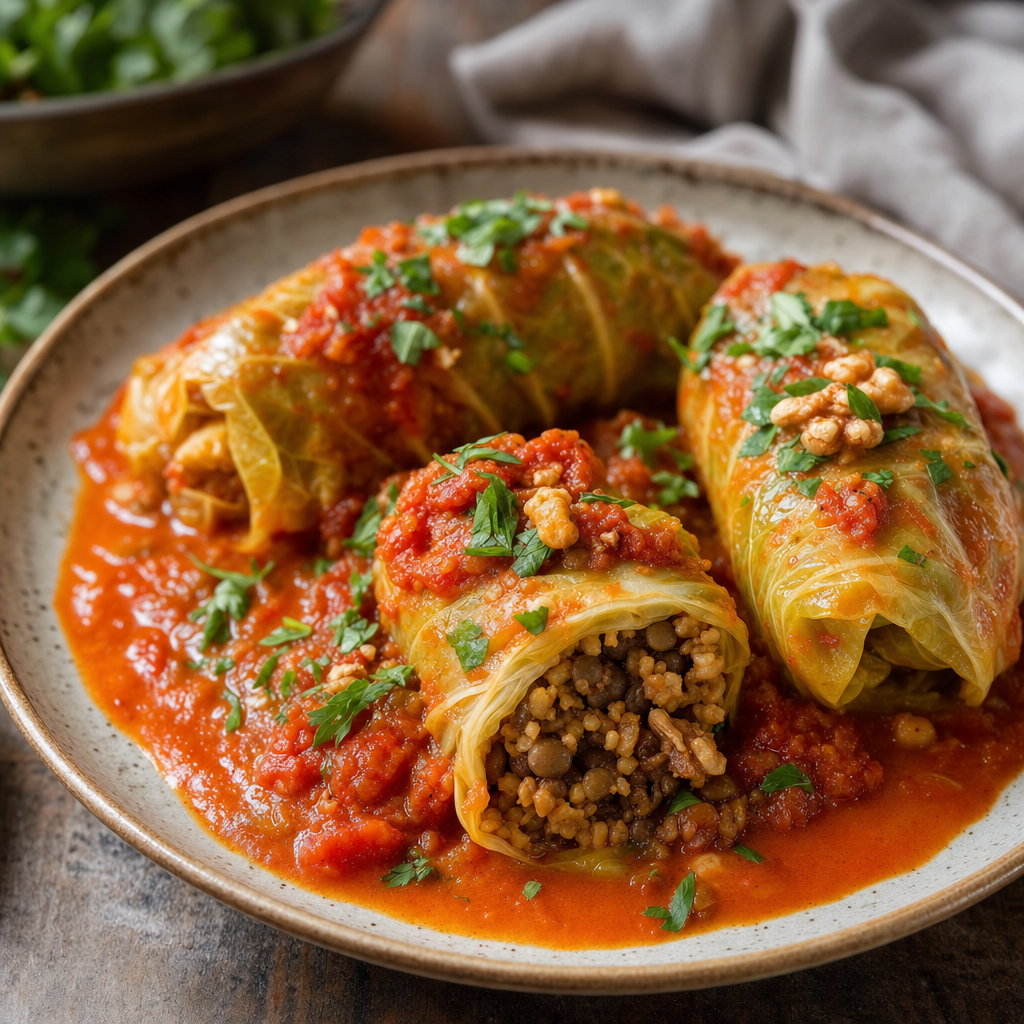 Walnut Lentil Stuffed Cabbage Rolls
