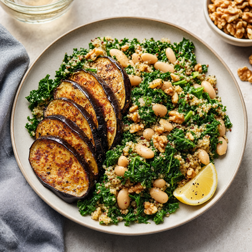 Broiled Eggplant, White Bean & Quinoa Plates