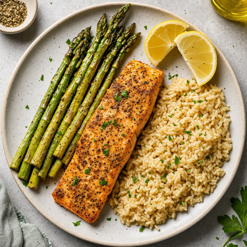 Lemon Pepper Salmon with Asparagus and Brown Rice