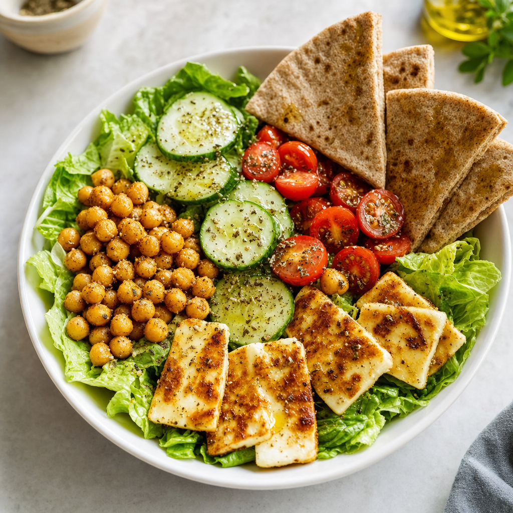 Halloumi Chickpea Cucumber Pita Bowls