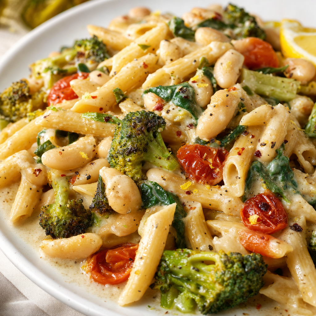 Creamy Tahini White Bean Veggie Pasta