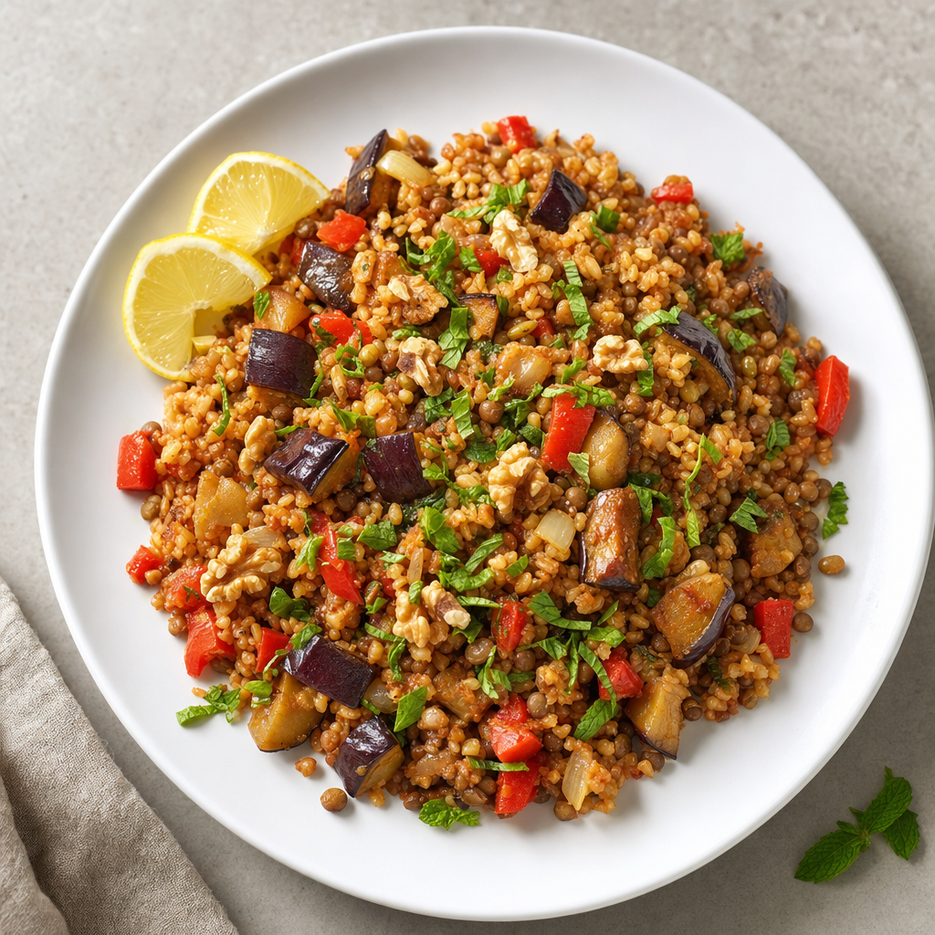 Bulgur Lentil Pilaf with Eggplant