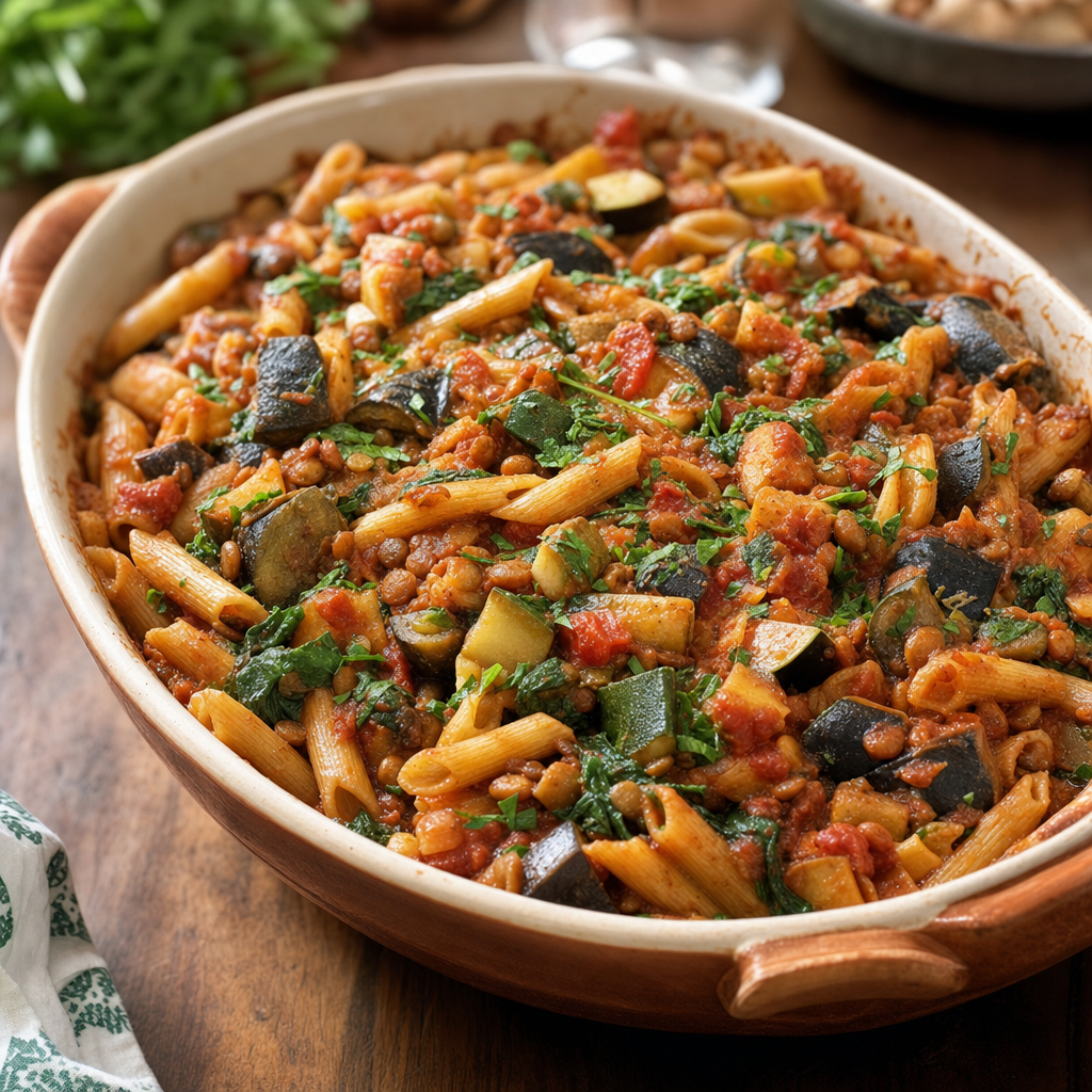 Lentil Eggplant Penne Bake
