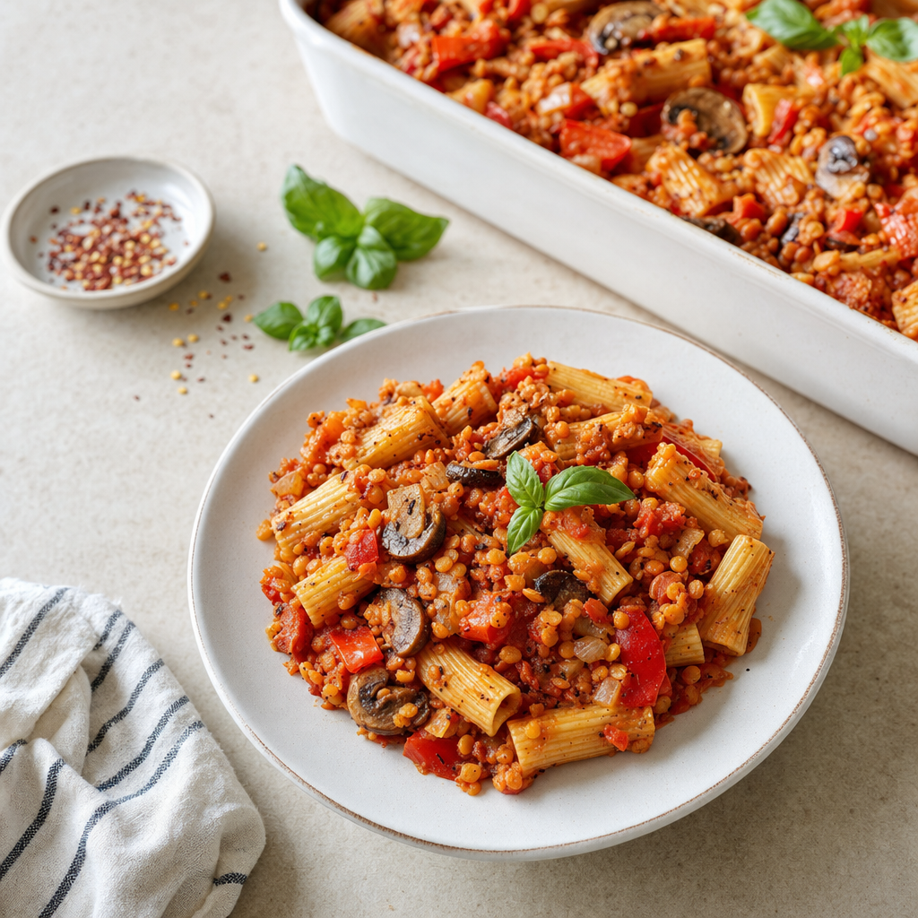 Red Lentil Rigatoni Casserole
