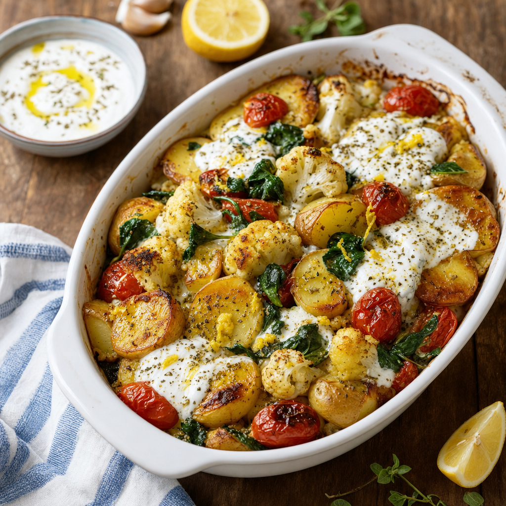 Yogurt-Lemon Potato Cauliflower Bake