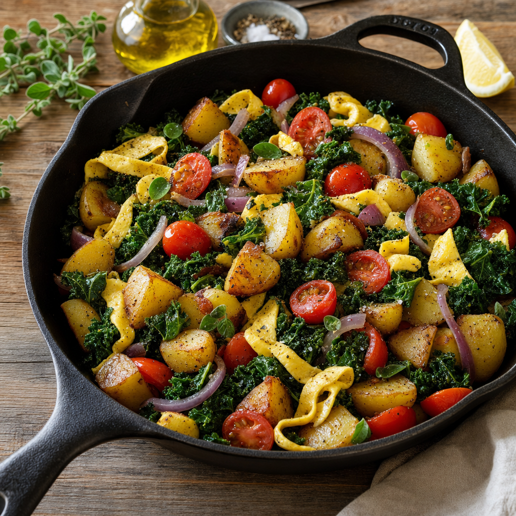 Potato Kale Tomato Skillet with Egg Ribbons