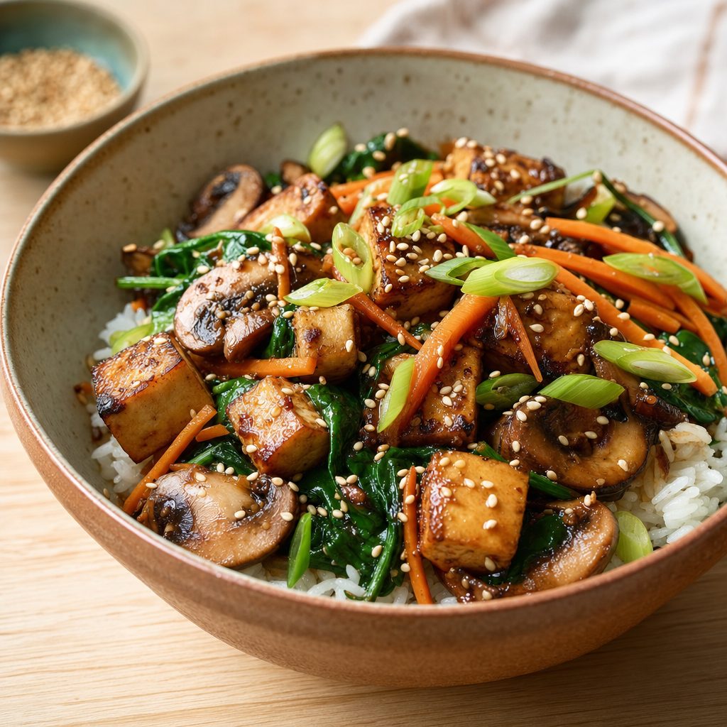 Soy Sesame Mushroom Spinach Rice Bowl