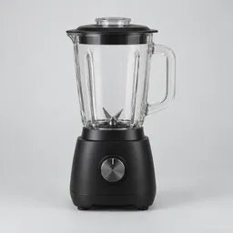 Centered studio photograph of a black countertop blender with a clear lidded jar on a neutral light background.
