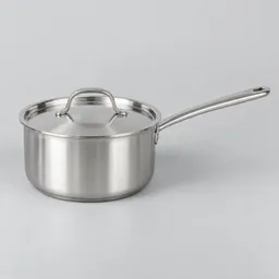 Centered 4-quart stainless-steel saucepan on a plain light-gray studio background.