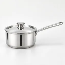 Centered 3-quart stainless-steel saucepan with matching lid on a light neutral background.