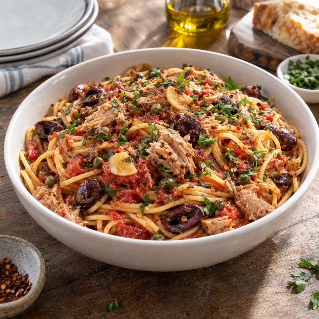 Tuna Puttanesca Spaghetti