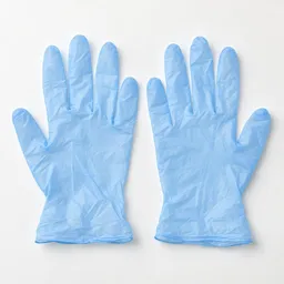 Centered pair of pale blue disposable food-preparation gloves on a neutral light background.