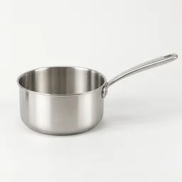 Centered medium stainless-steel saucepan with one long handle on a light neutral background.