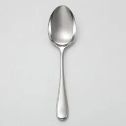 Centered studio photograph of a stainless-steel cooking spoon on a neutral light gray background.