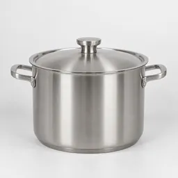 Centered studio photograph of a complete stainless-steel 6-quart pot with side handles and fitted lid on a neutral light background.