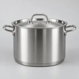 Centered studio photograph of a stainless-steel 5-quart heavy-bottomed pot with its matching lid, fully visible on a neutral light background.