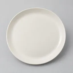 Plain round microwave-safe ceramic plate centered on a light neutral background.