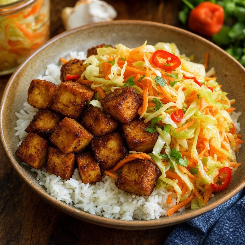 Crispy Tofu Pikliz Rice Bowls