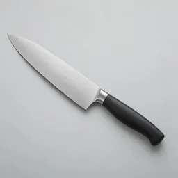 Centered studio photograph of a complete kitchen knife with a steel blade and dark handle on a light neutral background.