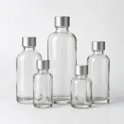 Centered clear glass bottles with matching caps photographed on a neutral light background.