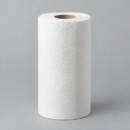 Centered studio photograph of a plain white roll of paper towels on a light neutral background.