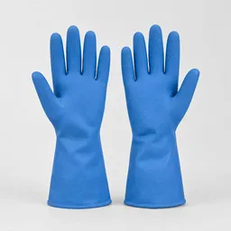 Centered pair of blue reusable kitchen gloves on a light gray studio background.