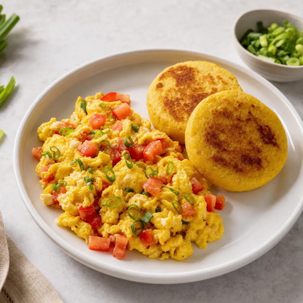 Colombian Tomato-Scallion Eggs with Arepa recipe combo