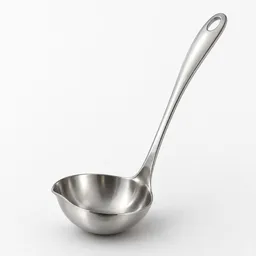 Centered stainless-steel ladle photographed against a neutral light background with soft studio lighting.