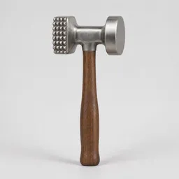 Centered meat mallet with a dual-sided metal head and dark wood handle on a neutral light background.
