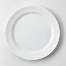 Centered clean white ceramic dinner plate on a neutral light background.