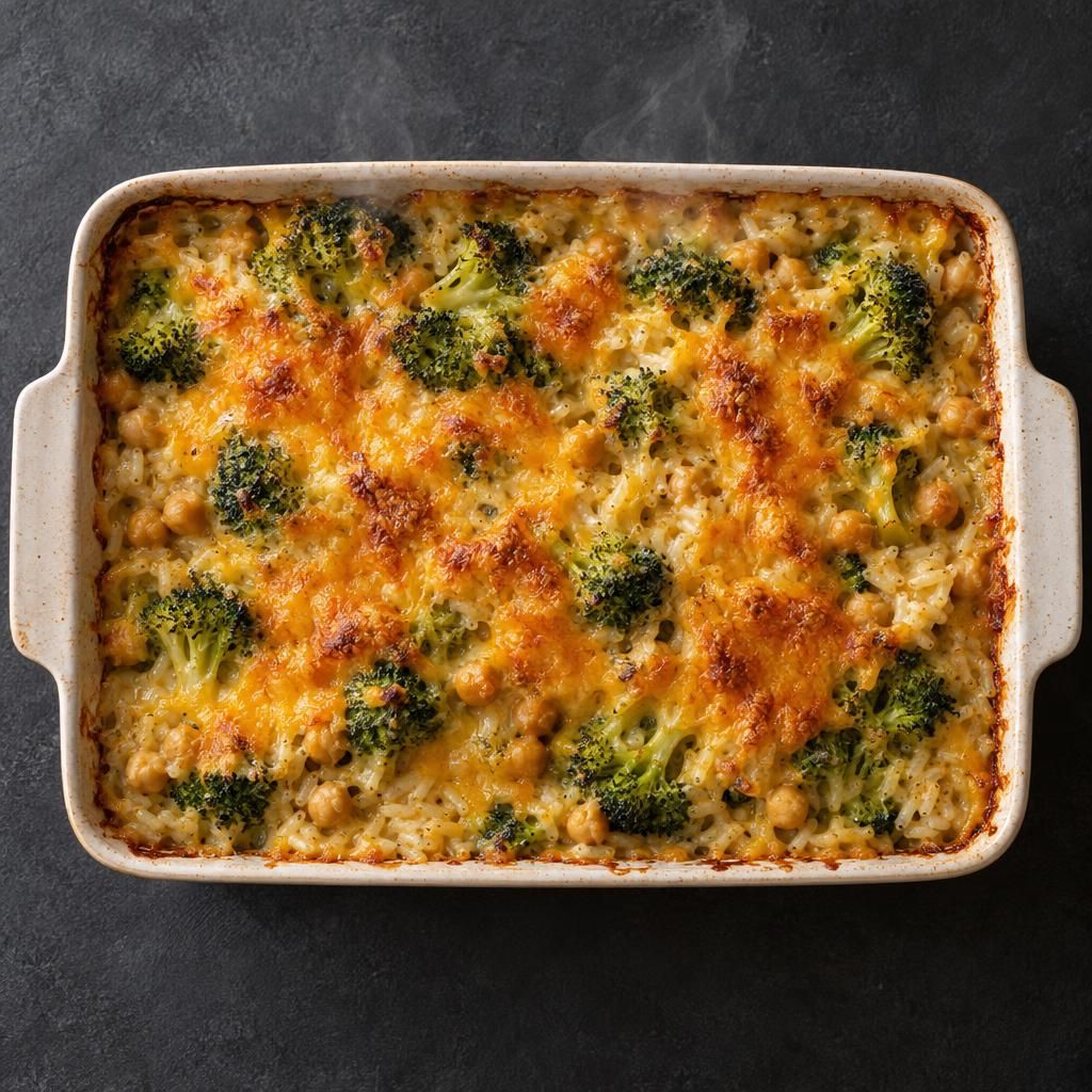 Cheddar Chickpea and Broccoli Rice Bake
