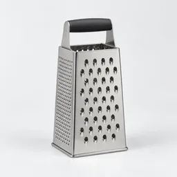Centered stainless-steel box cheese grater photographed upright on a light neutral background.