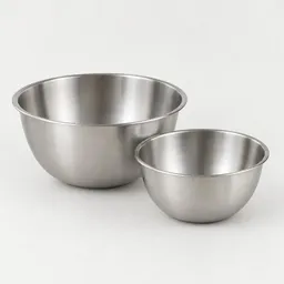 Two plain stainless-steel mixing bowls, one large and one small, centered on a light neutral background.