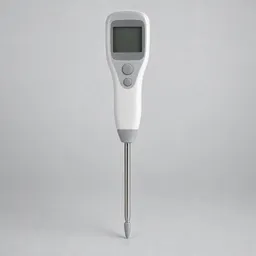 Centered handheld food pH meter with an integrated stainless-steel probe on a neutral light background.