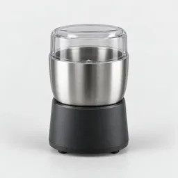 Centered studio photograph of a compact stainless-steel electric spice grinder on a light neutral background.