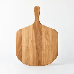 Centered wooden pizza peel with a broad rounded paddle and integrated handle on a neutral light background.