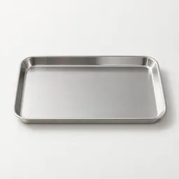 Centered small rectangular stainless-steel kitchen tray with shallow raised edges on a neutral light background.