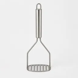 Centered stainless-steel potato masher photographed against a plain light neutral background.