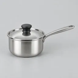 Centered studio photograph of a small stainless-steel saucepan with its matching lid on a neutral light background.