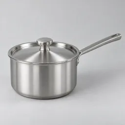 Centered 4-quart stainless-steel saucepan with fitted lid and long handle on a neutral light background.
