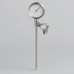 Centered frying thermometer with a long stainless-steel probe, round unmarked gauge, and pot clip on a neutral light background.