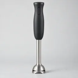 Centered studio photograph of a complete unbranded immersion blender with a dark handle, stainless-steel shaft, and protective blending guard on a light neutral background.