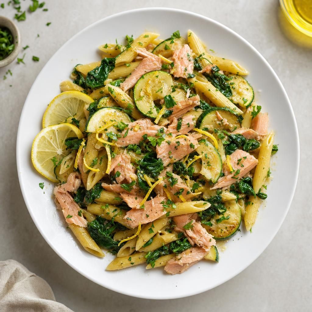 Lemony Smoked Trout and Spinach Pasta