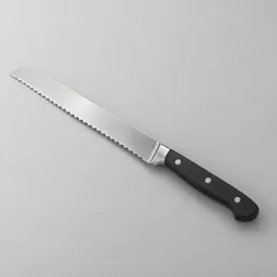 Centered bread knife with a serrated stainless-steel blade and dark handle on a light neutral background.