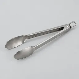 Centered pair of stainless-steel kitchen tongs on a light neutral background.