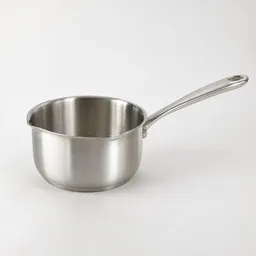 Small stainless-steel saucepan with one long handle, centered on a light neutral background.
