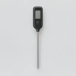 Centered unbranded instant-read thermometer with a dark digital body and stainless-steel probe on a light neutral background.