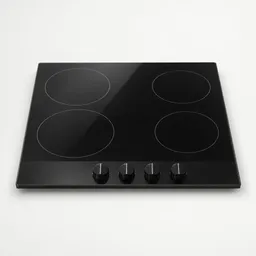Centered standalone black glass stovetop with four burner zones and front control knobs on a neutral light background.